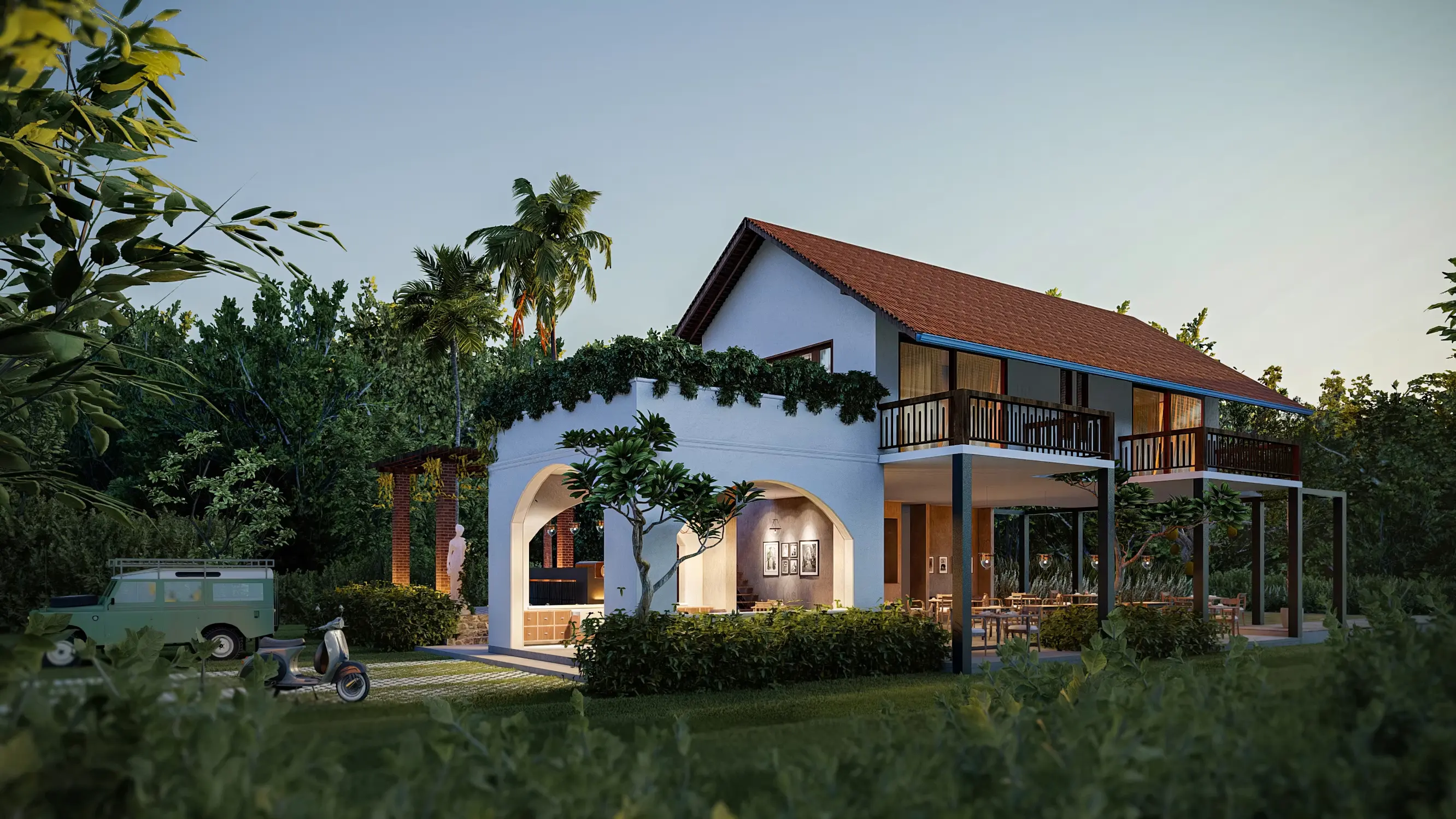 Villa di lusso con archi in pietra, palme e giardino curato in Puglia